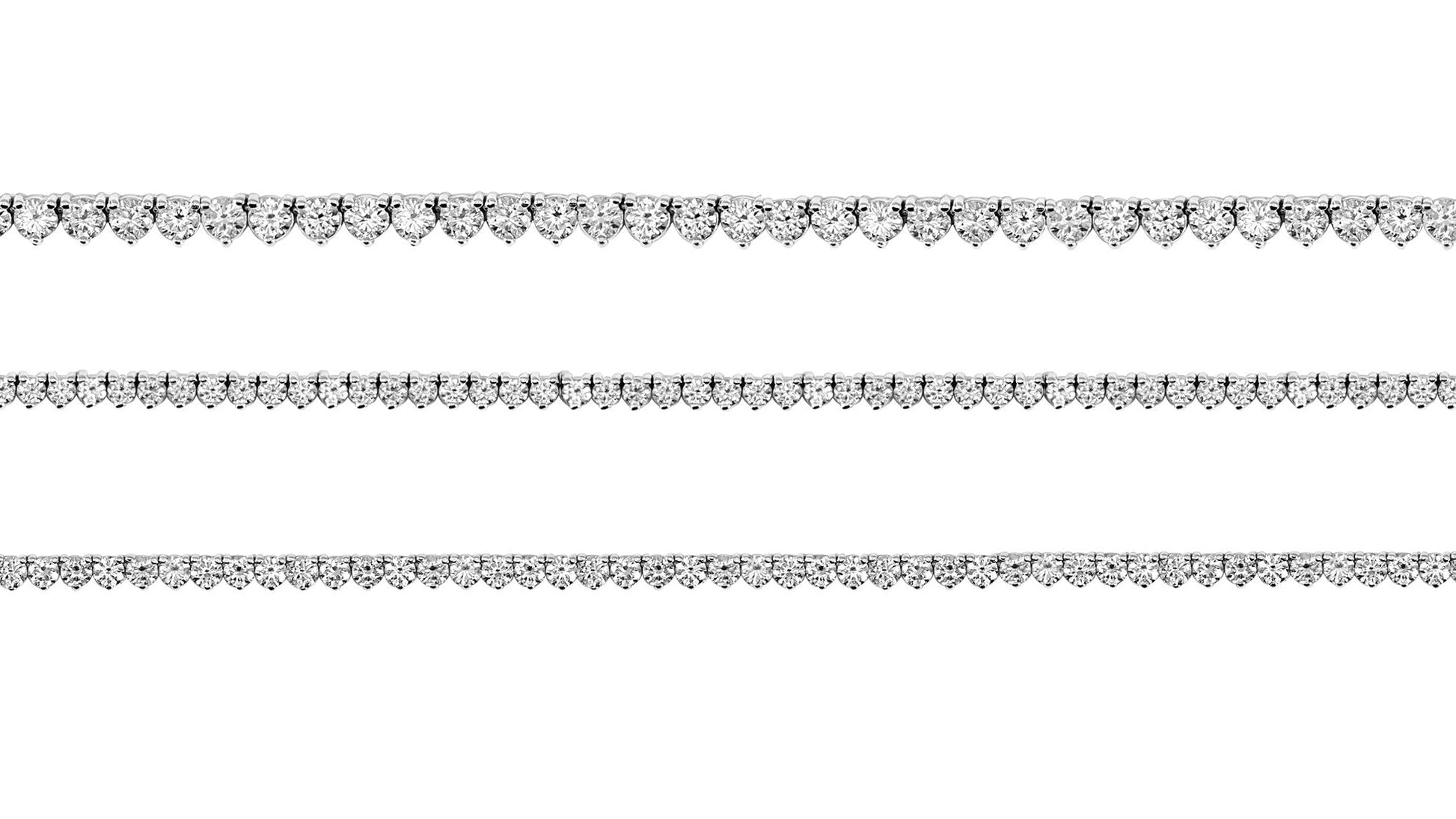 White gold tennis necklace in three sizes on a white background