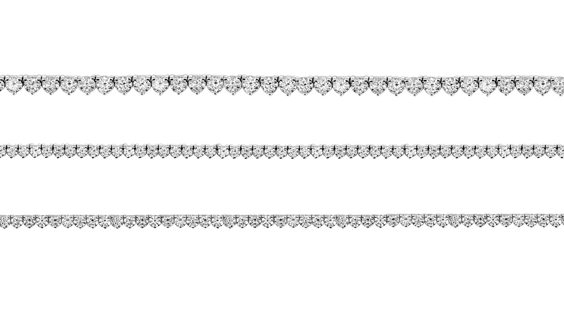 White gold tennis necklace in three sizes on a white background