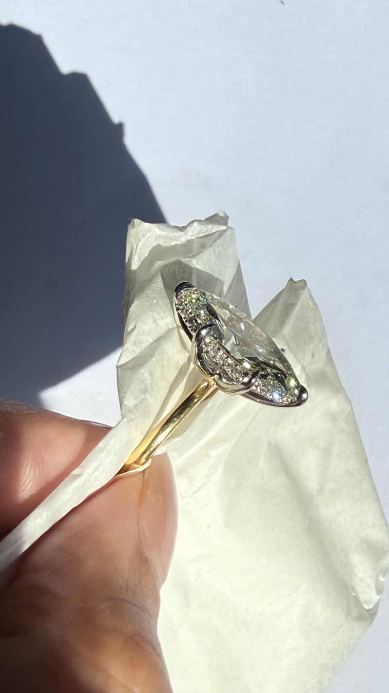 CLOSE UP OF 3.5CT MARQUISE DIAMOND ENGAGEMENT RING