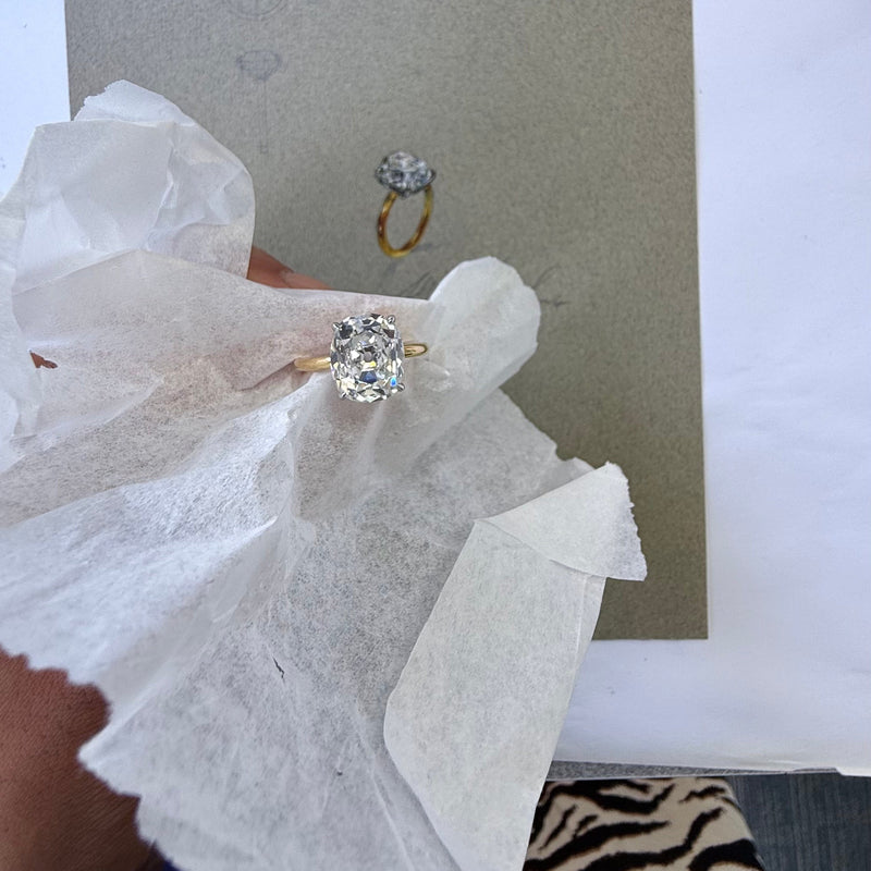 5CT ELONGATED OLD MINE CUT DIAMOND RING
