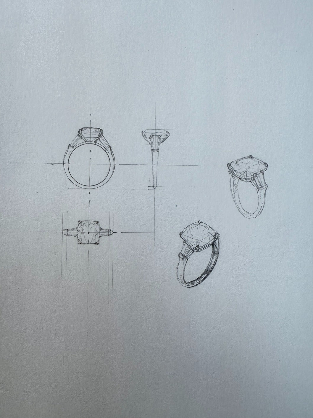 Bespoke sketches of various ring designs on a light gray background