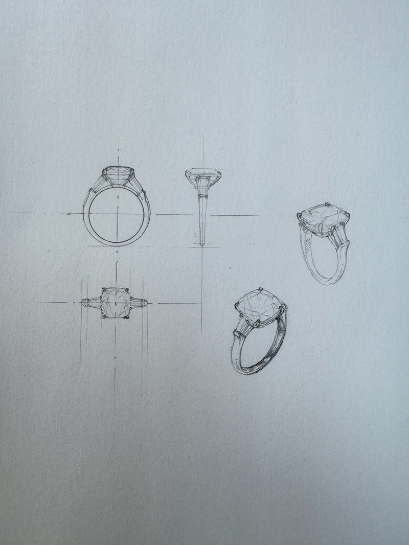 Bespoke sketches of various ring designs on a light gray background