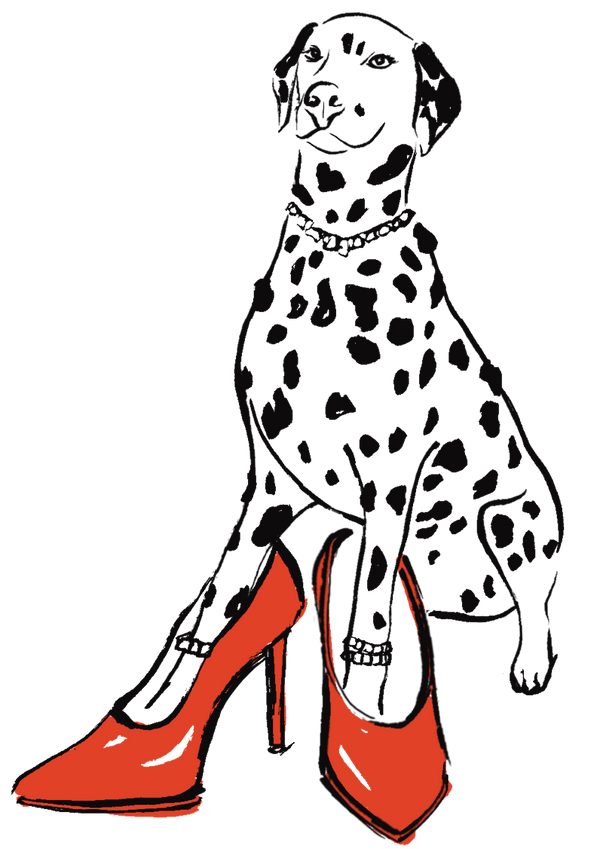 Illustration of a Dalmatian dog wearing red high-heeled shoes