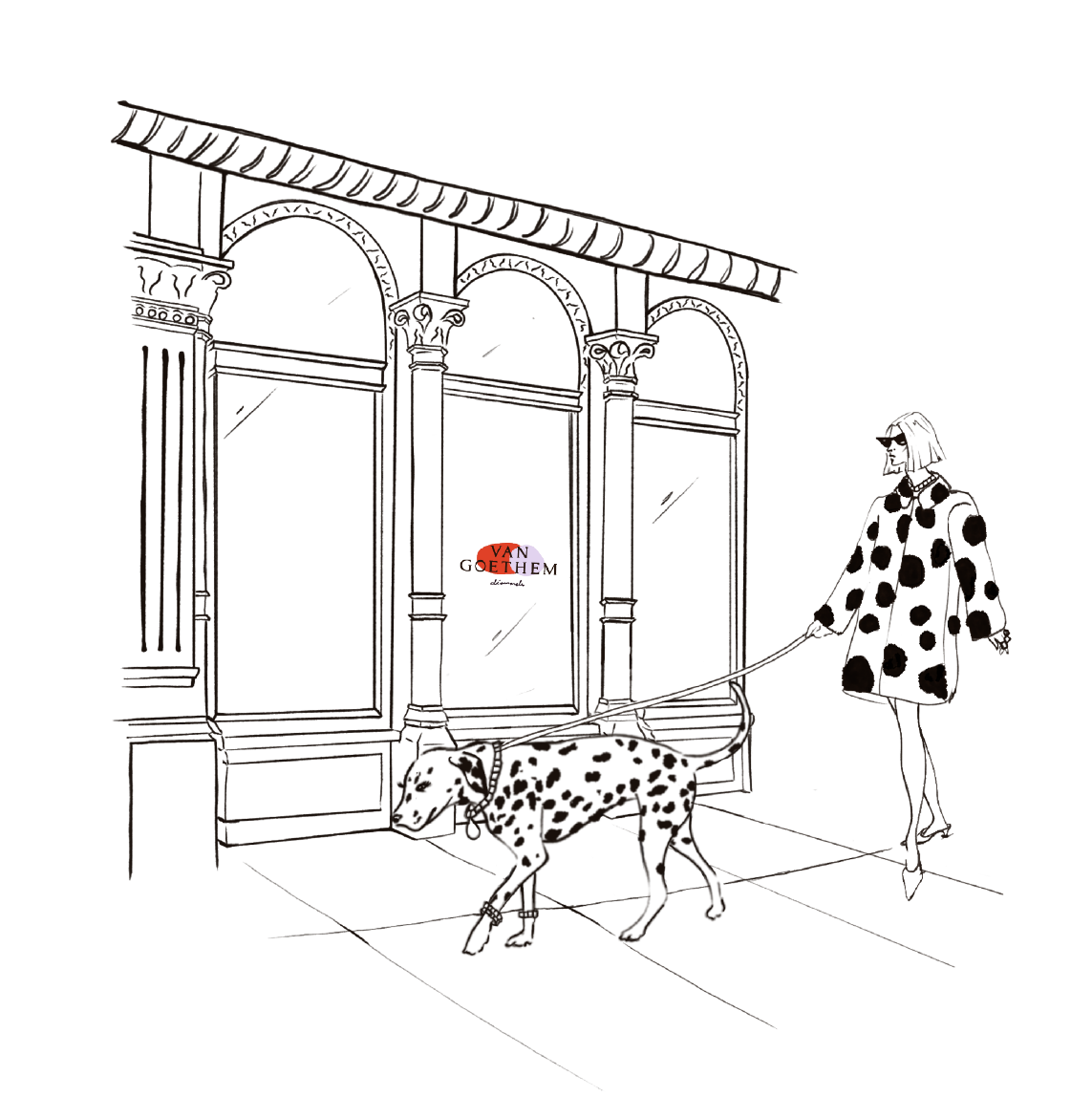 Hand drawn Illustration of a woman in a polka dot coat walking a dalmation in front of Van Goethem Diamond store