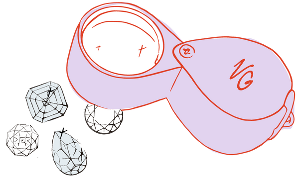 Illustration of a diamond loupe and diamond gemstones with 'VG' branding.