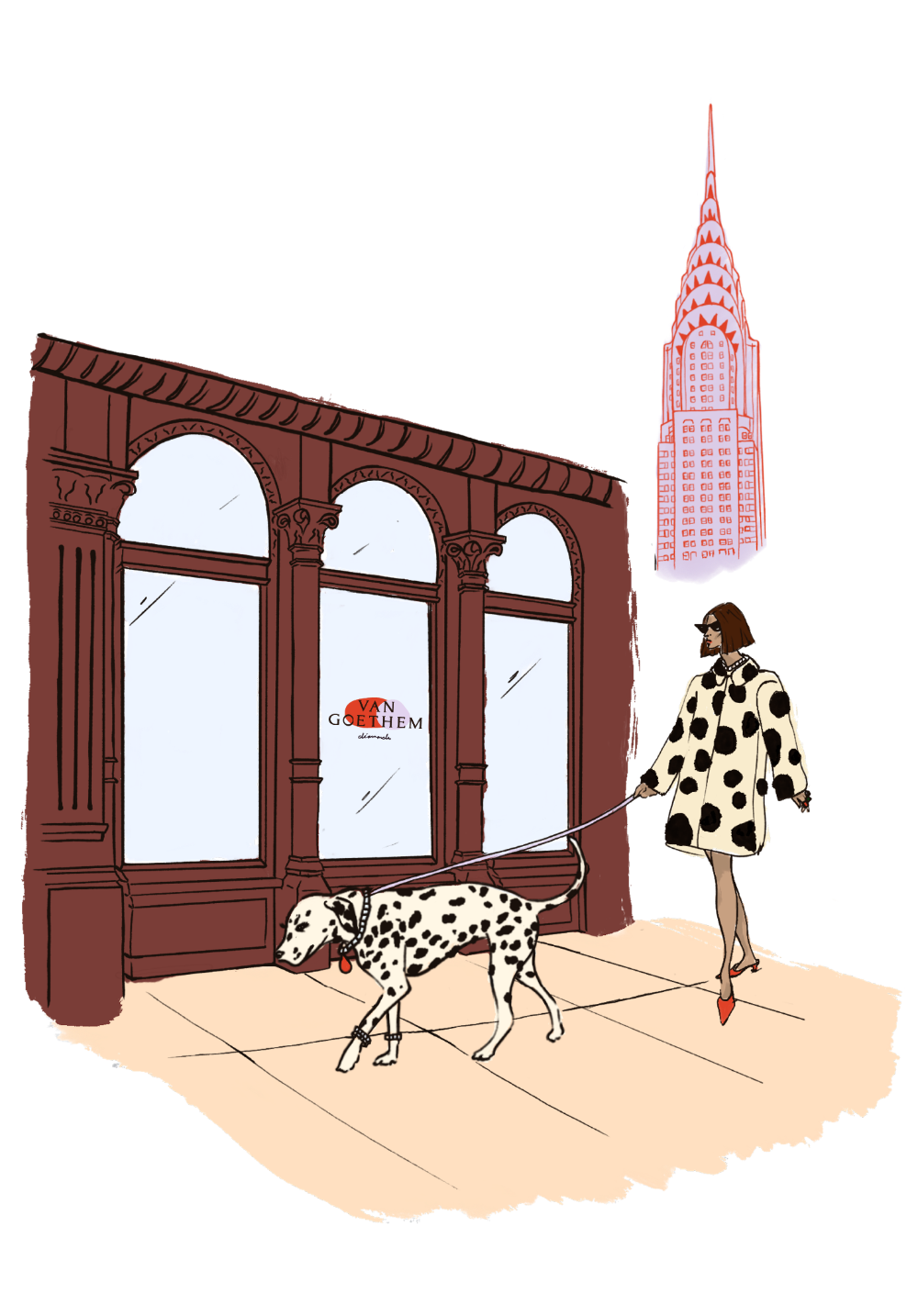 Illustration of a woman walking a Dalmatian dog in front of future van goethem diamonds storefront