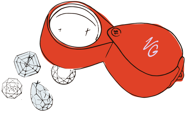 Red illustrated diamond loupe with diamond stones on a white background