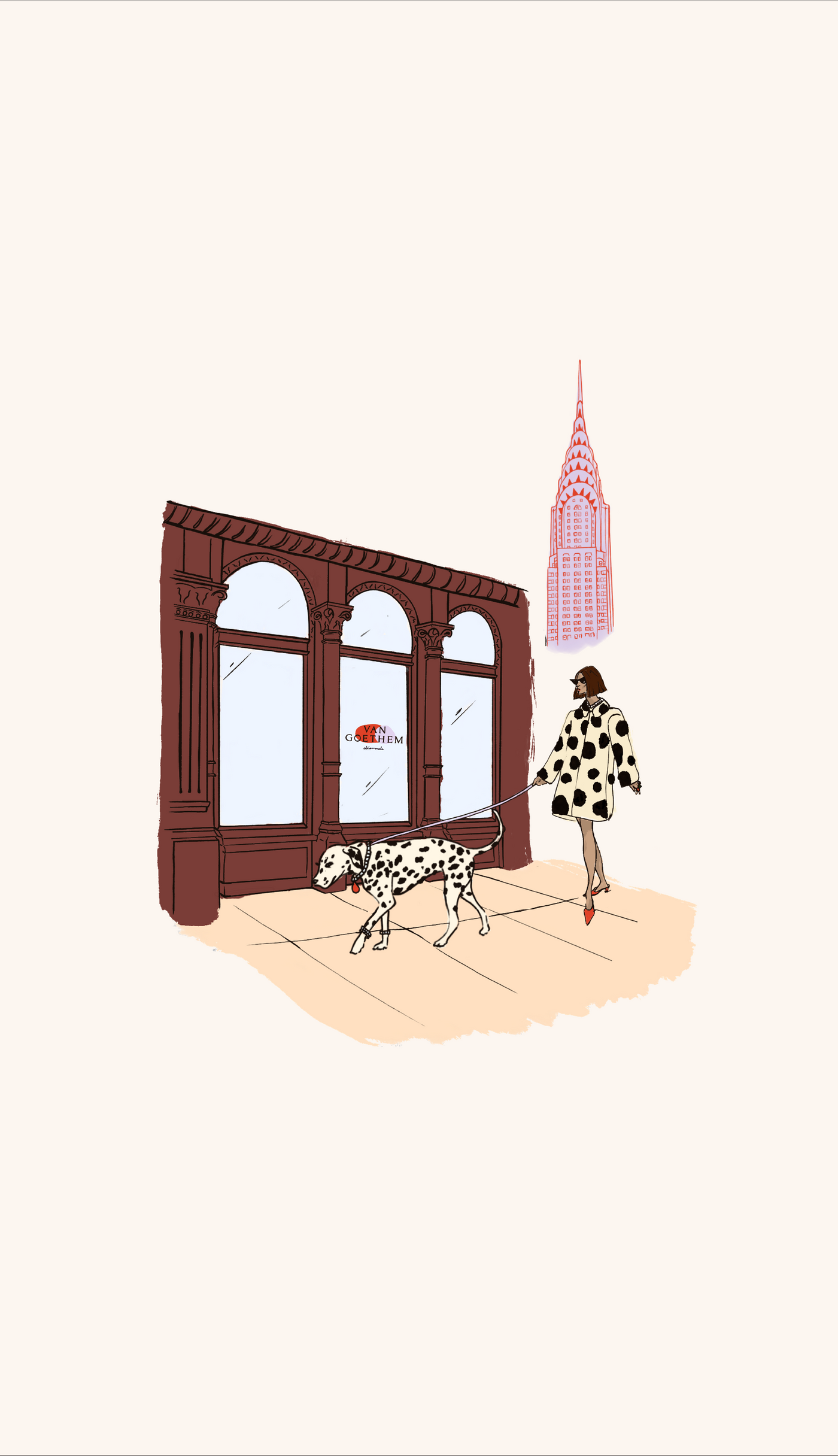 Illustration of a woman walking a dalmation in front of the van goethem future storefront 
